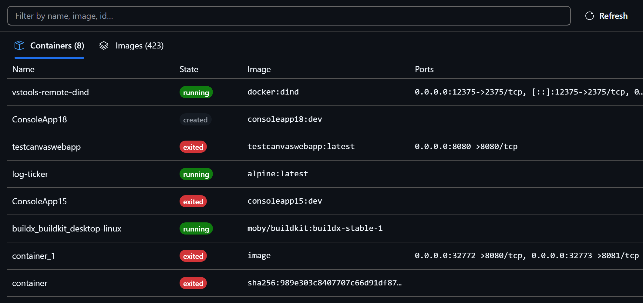 The Containers panel showing a running container with its live logs.