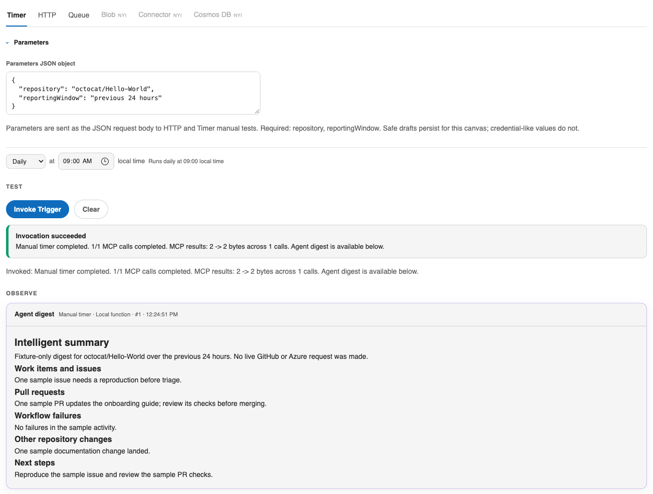 Hosted Skills Copilot canvas showing a repository parameter, Timer invocation, and sample GitHub digest response.