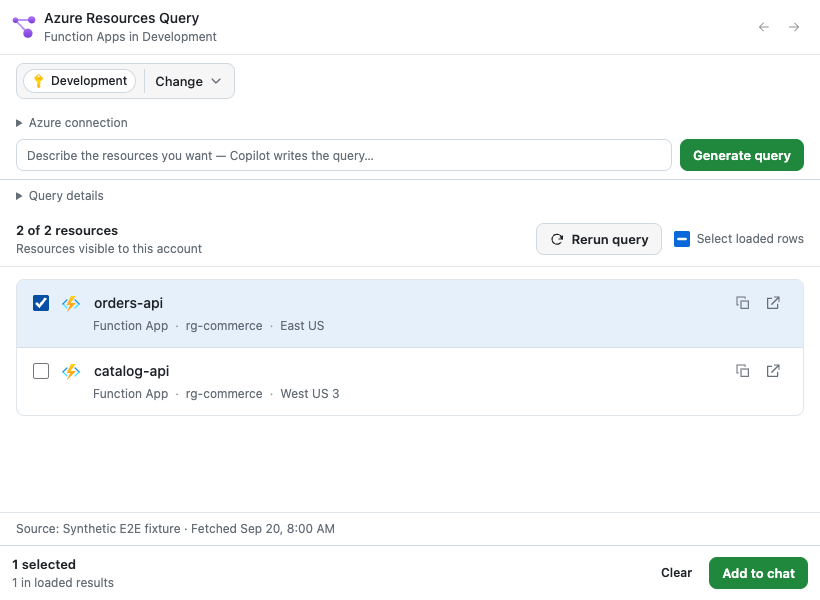 Illustrative Azure Resources Query panel with synthetic Function App results, one selected resource, and Add to chat.