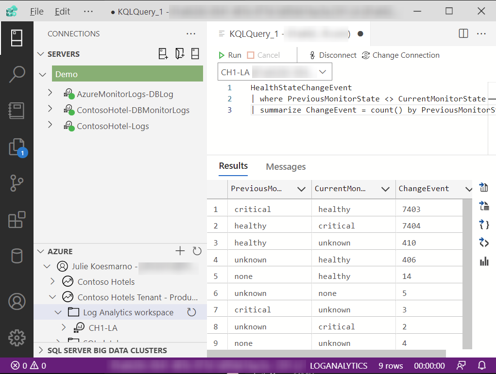Azure Monitor Logs query in Azure Data Studio