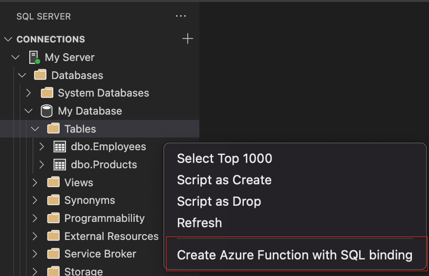 Create Azure Function with SQL Binding from SQL Server table