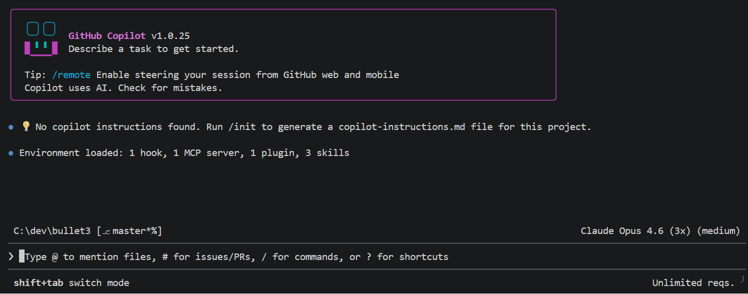 Demo using GitHub Copilot CLI in the bullet3 C++ project where several LSP operations are invoked.