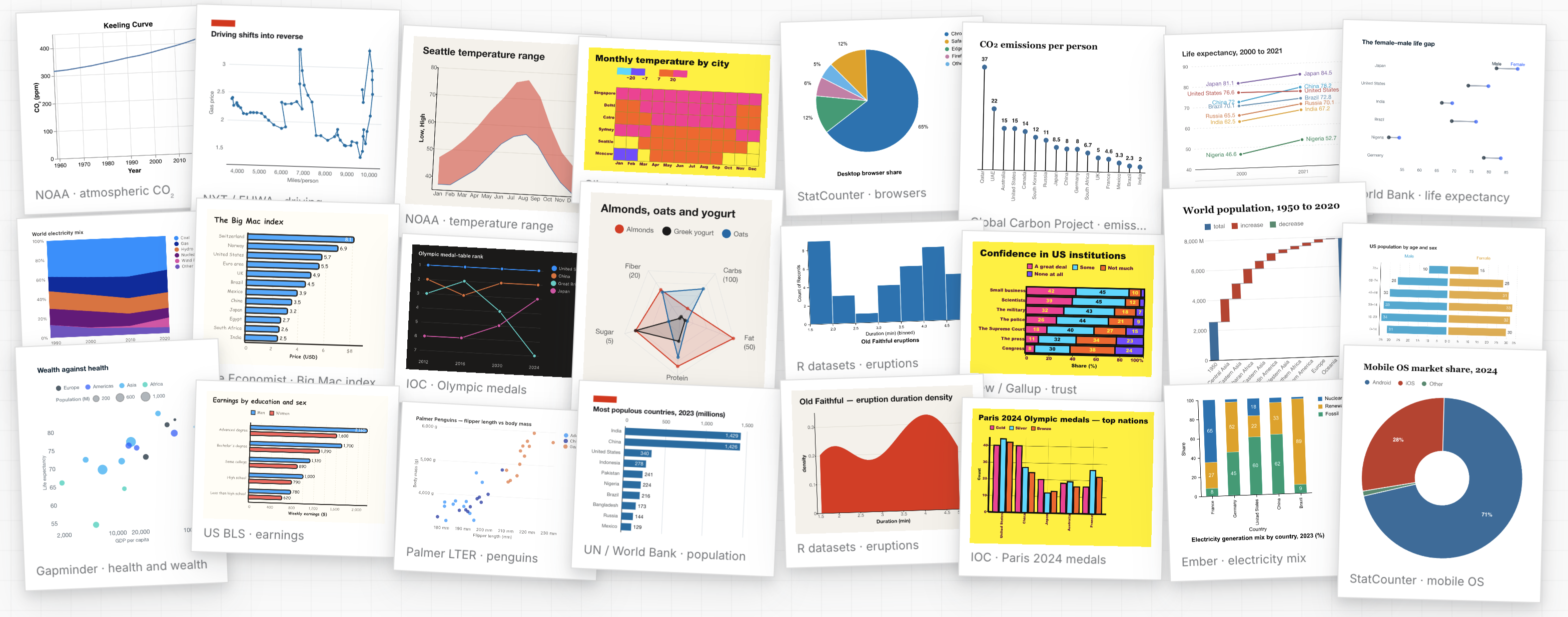 A wall of charts produced by Flint across its supported visualization backends.