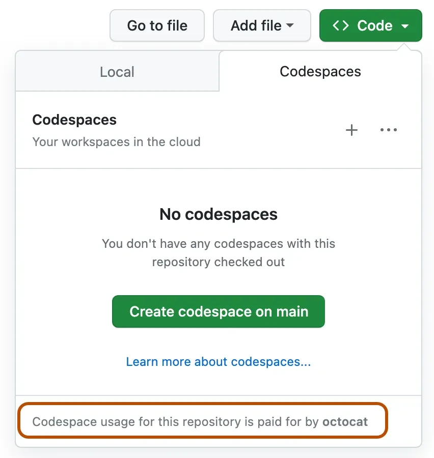 用于创建 codespace 的对话框按钮