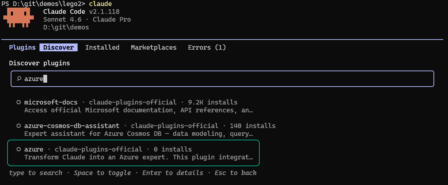 Claude Code plugin discovery showing the Azure plugin available for installation