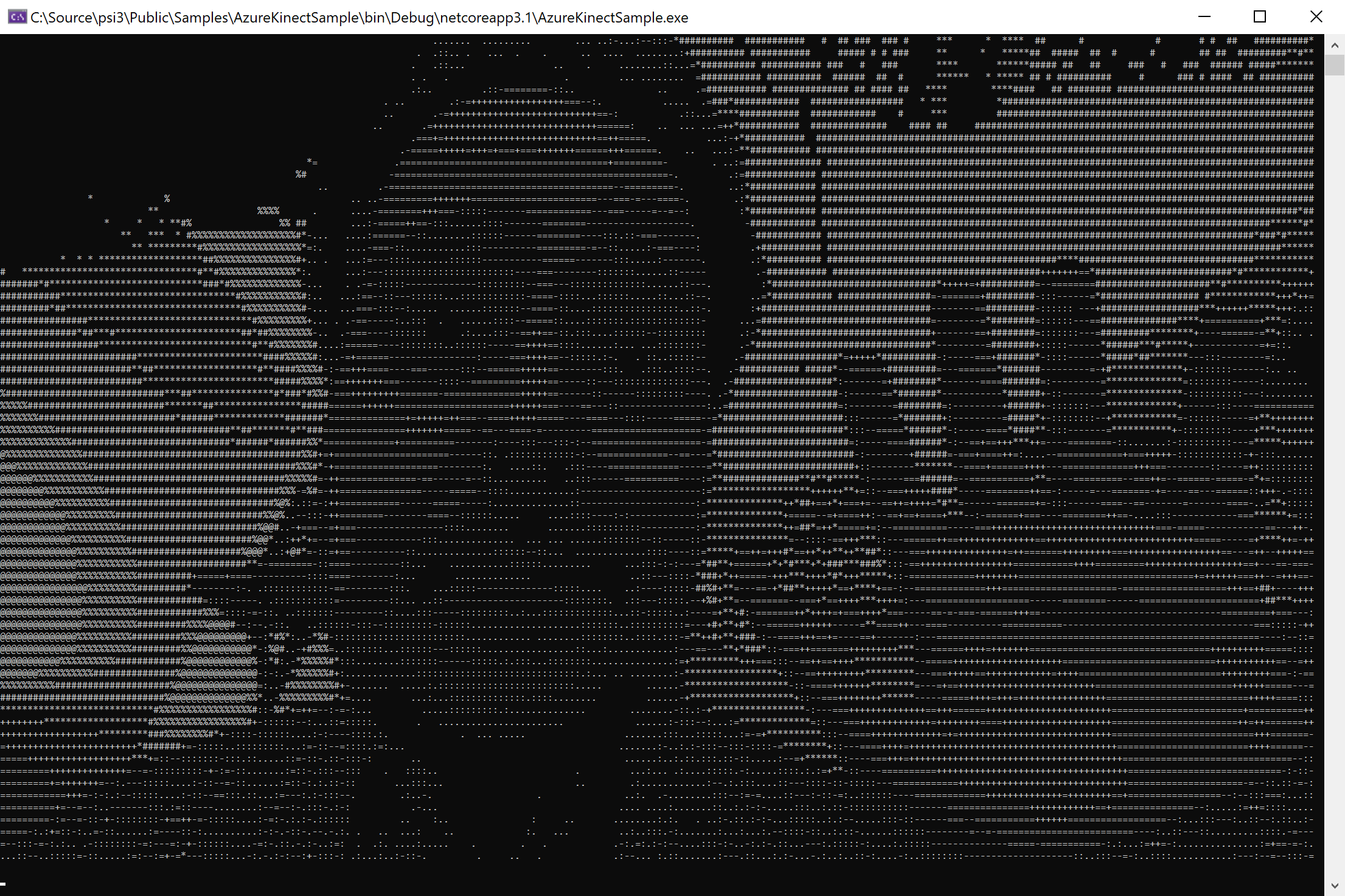 Sample output from Azure Kinect sample showing ASCII art of a person waving