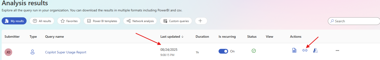 Query row showing link icon