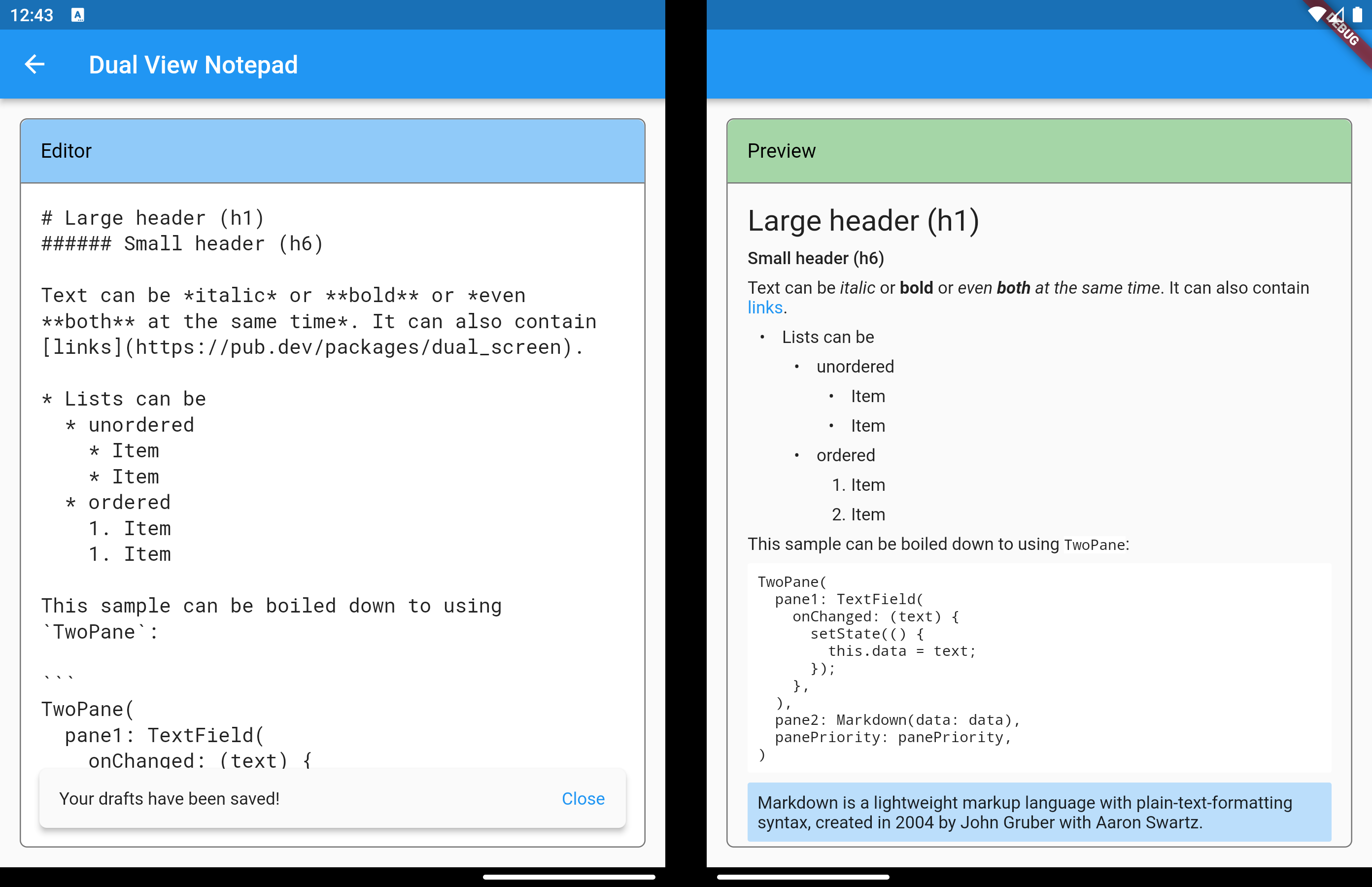 Flutter Dual View Notepad sample in dual-screen mode