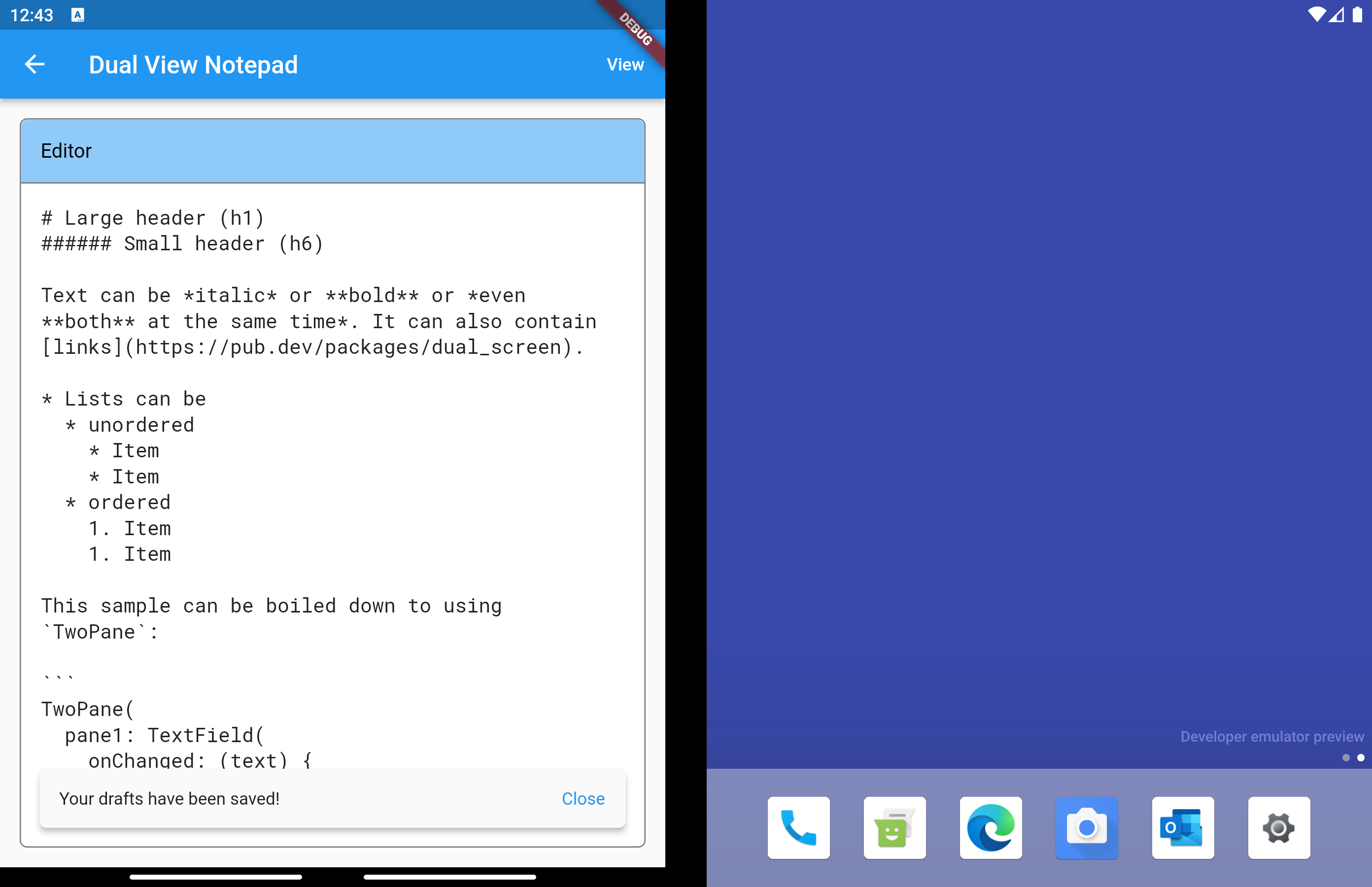 Flutter Dual View Notepad sample in single screen mode