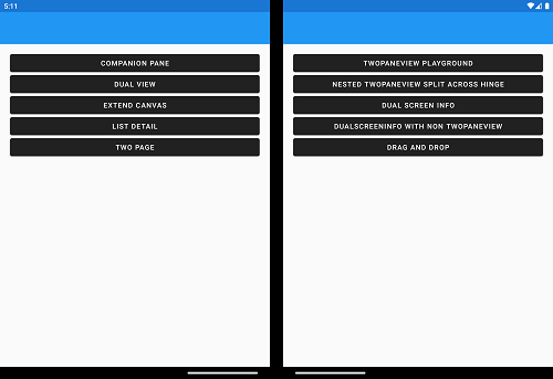 Xamarin.Forms Surface Duo Sample App Screenshot with list of all included examples