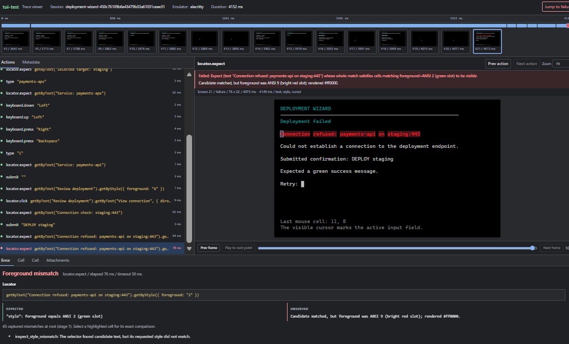 tui-test trace viewer showing a failed terminal assertion