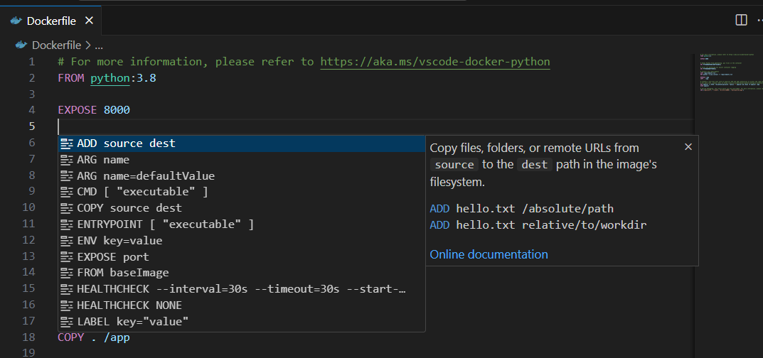 IntelliSense for Dockerfiles