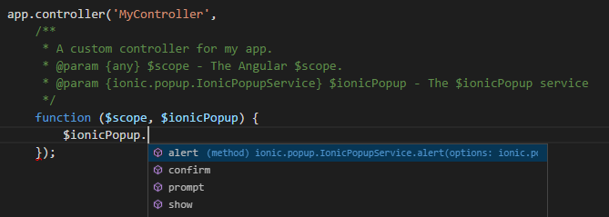 IntelliSense for Angular and Ionic services