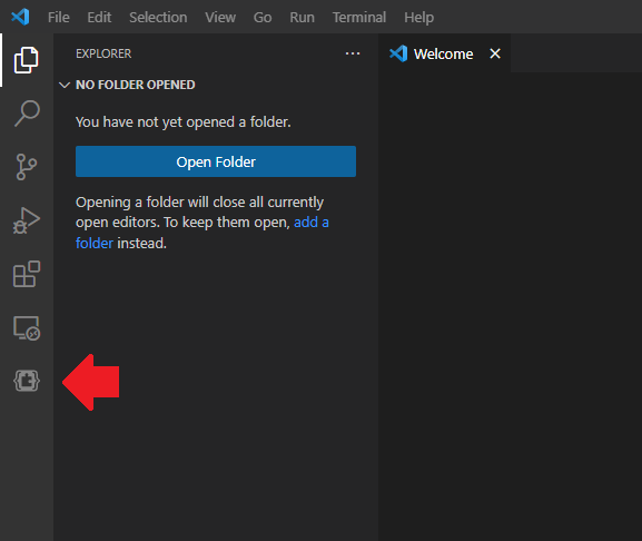 Screenshot of the VS code action bar with an arrow pointing to the MakeCode Arcade Asset Explorer