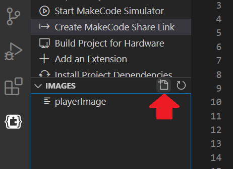 Screenshot of the MakeCode Asset Explorer with a red arrow pointing to the create icon in the images section
