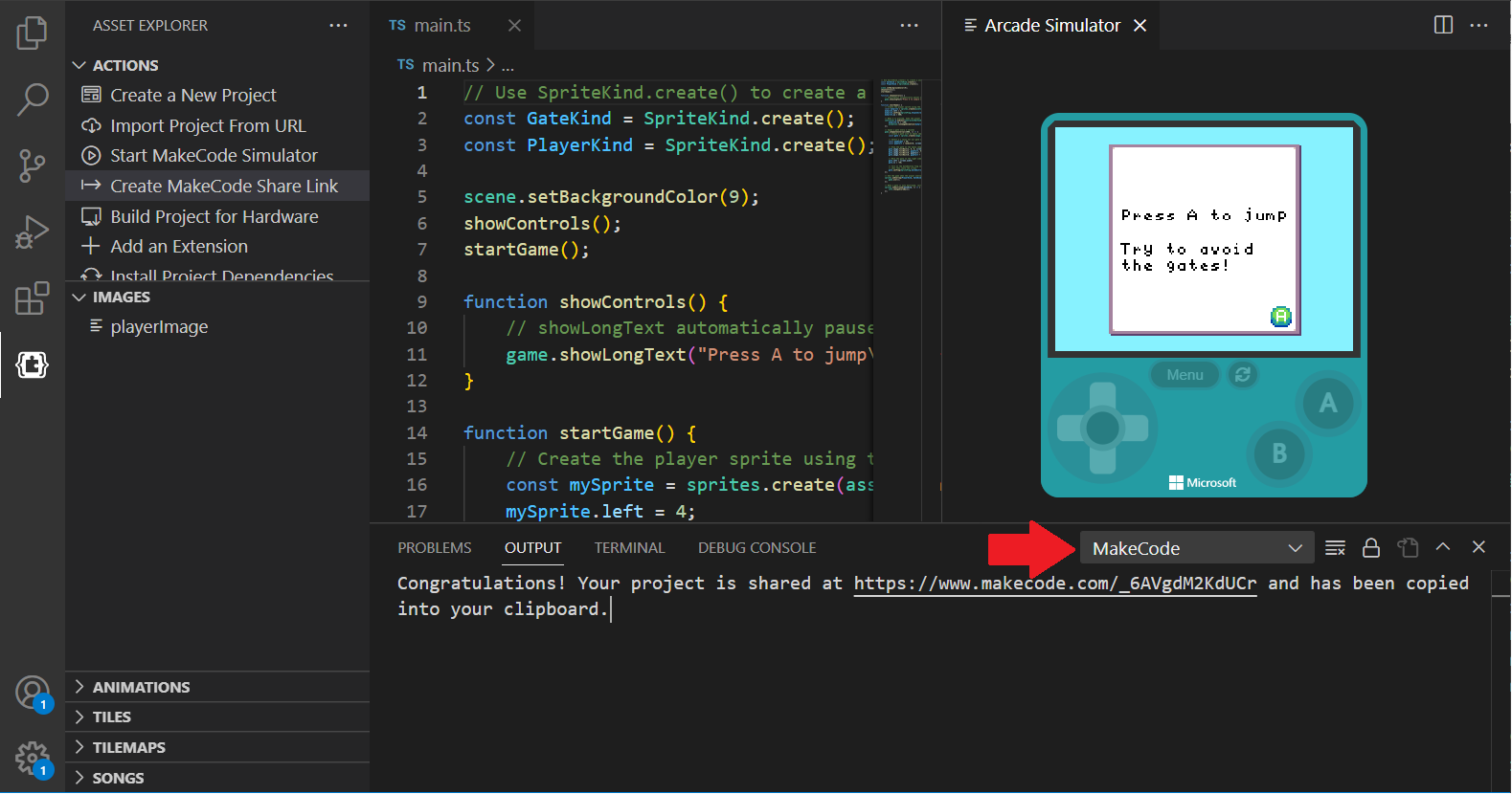 Screenshot of VS Code with the output pane open and a red arrow pointing to a dropdown with MakeCode selected