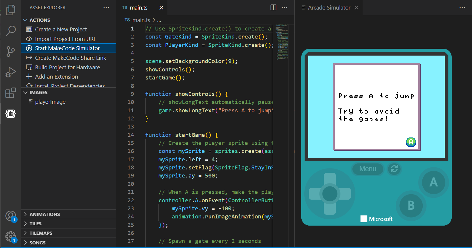 Screenshot of VS Code with the MakeCode simulator open and the "Start MakeCode simulator" command highlighted
