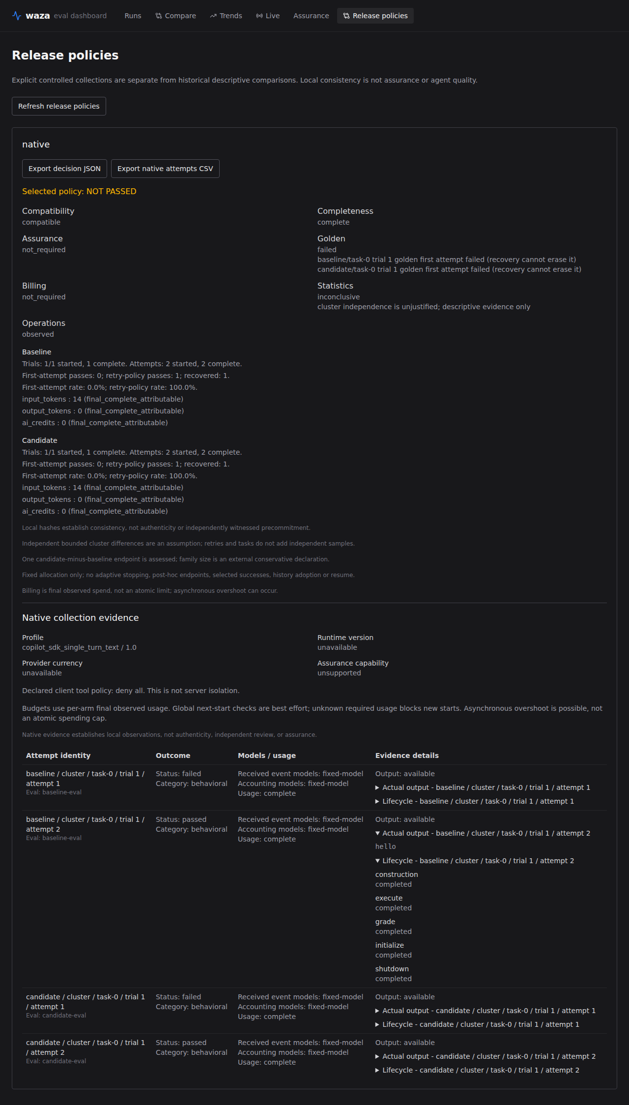 Native release evidence view with recovered attempts and unavailable values