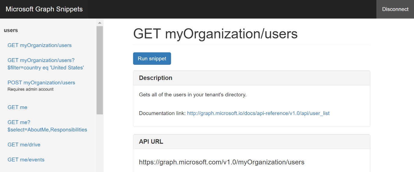 Microsoft Graph Snippets sample screenshot
