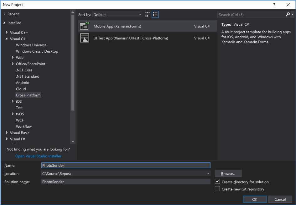 A screenshot of the New Project dialog with the Mobile App (Xamarin.Forms) template selected
