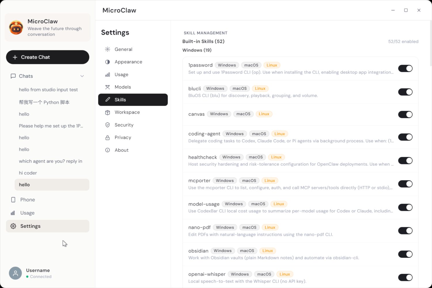 Skills page shows 52