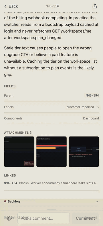 The phone writing: an issue open on its Fields block and attachments, the status moved to In Progress, a comment typed, a photo attached, and both landing in the thread