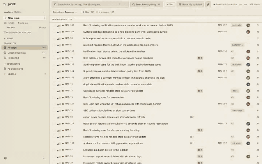gadak's own terminal pane under the list: gadak claim NMA-140 moves the row to In Progress and the shell's tab takes the key; claude starts in that shell, one prompt turns the list into Dana Whitfield's recently moved issues, and a second prompt saves and opens a label-ratio dashboard in the same window