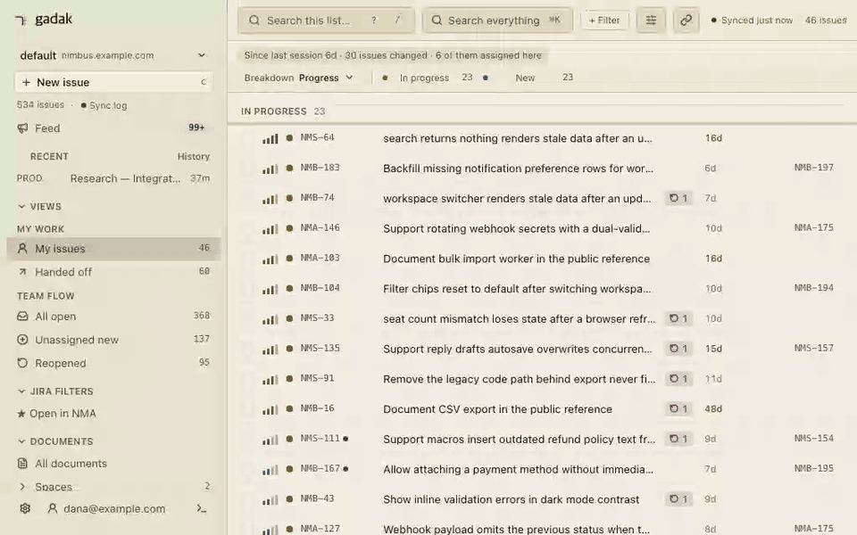 The list narrows as you type; an issue opens with labels, priority and a reopen badge; documents and the board sit in the same window