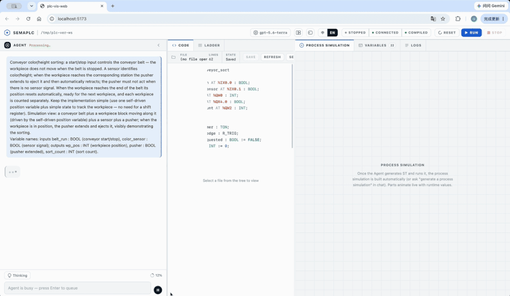 Sema PLC demo — natural language to a running PLC program