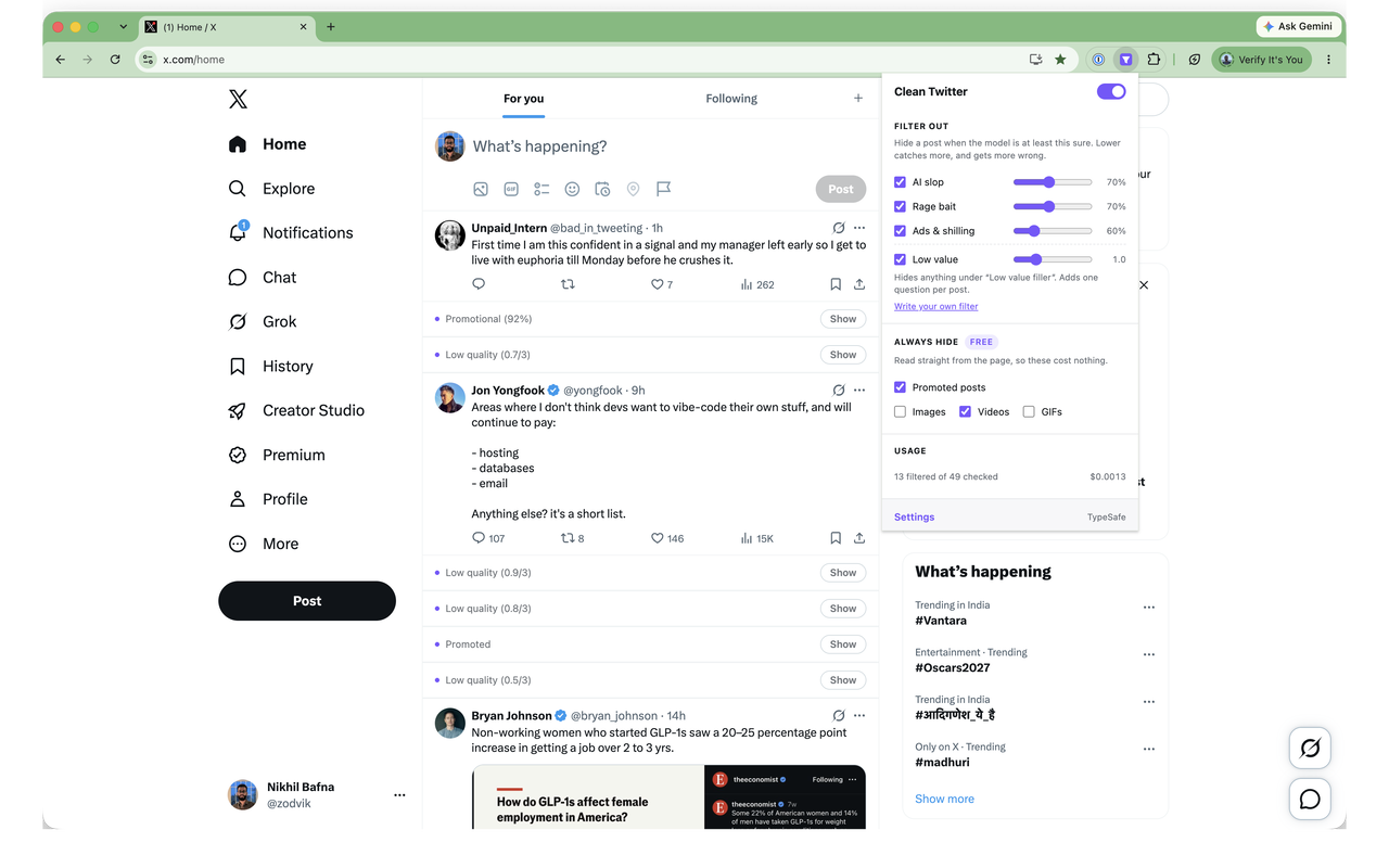 Timeline with filtered posts collapsed, and the extension popup