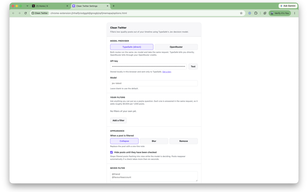 Settings page: provider, API key, custom filters and appearance