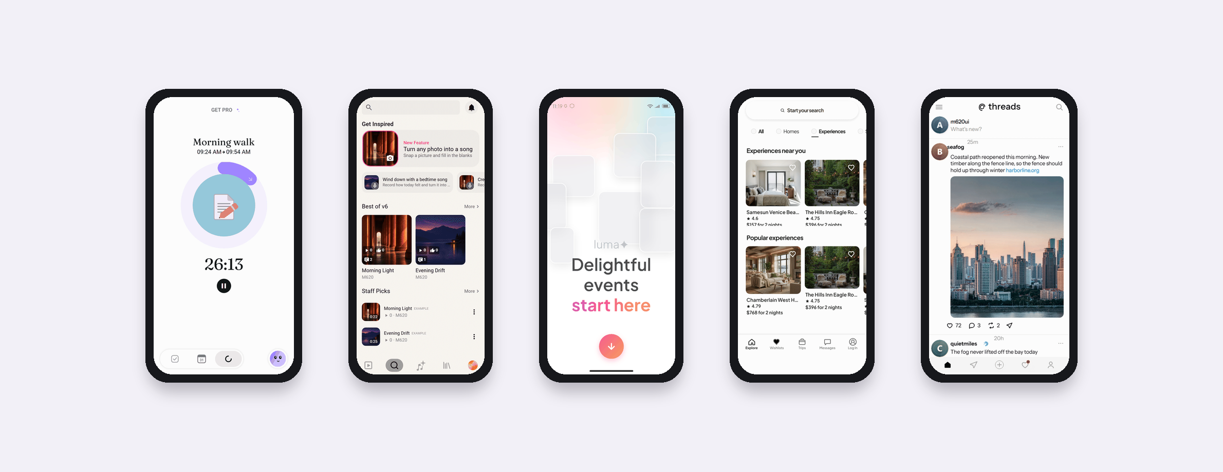 Recreated Airbnb, Tiimo, Suno and Luma screens running as interactive prototypes