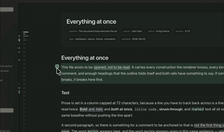 Selecting a block, writing a note in the popover, and the note appearing in the margin