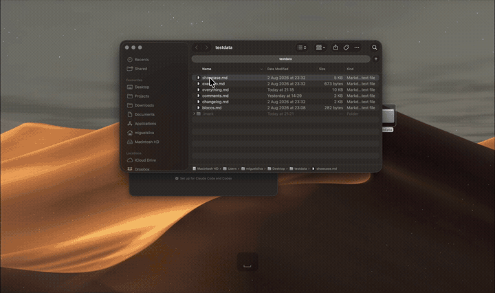 Pressing the space bar in Finder and stepping through markdown files in the preview panel