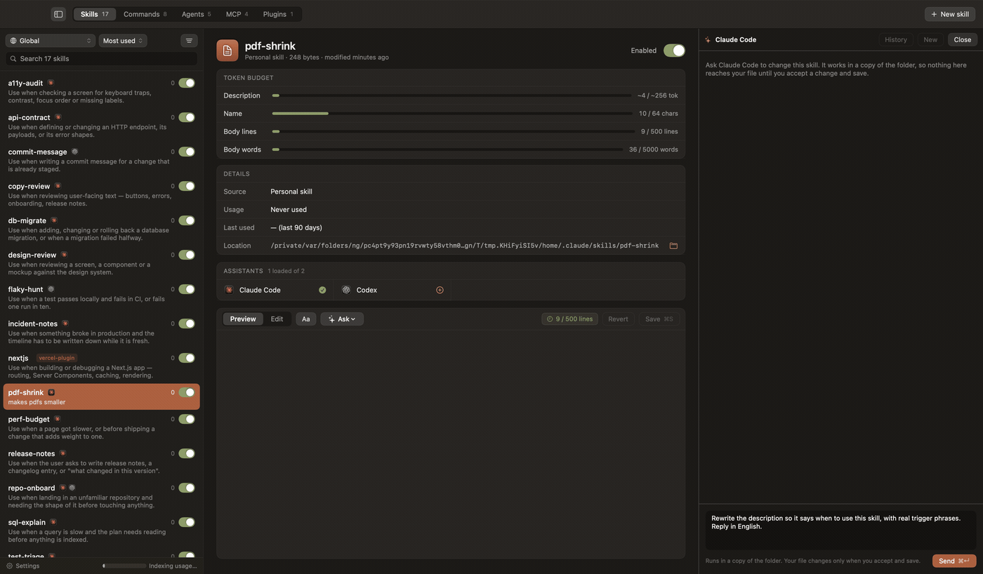 Browsing the inventory, disabling and re-enabling a skill, switching off one skill out of a plugin, putting a skill on a second assistant, then asking an assistant to rewrite its description and accepting the change inside the document