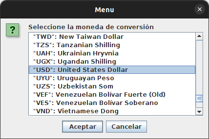 Menu para seleccionar la divisa de conversión