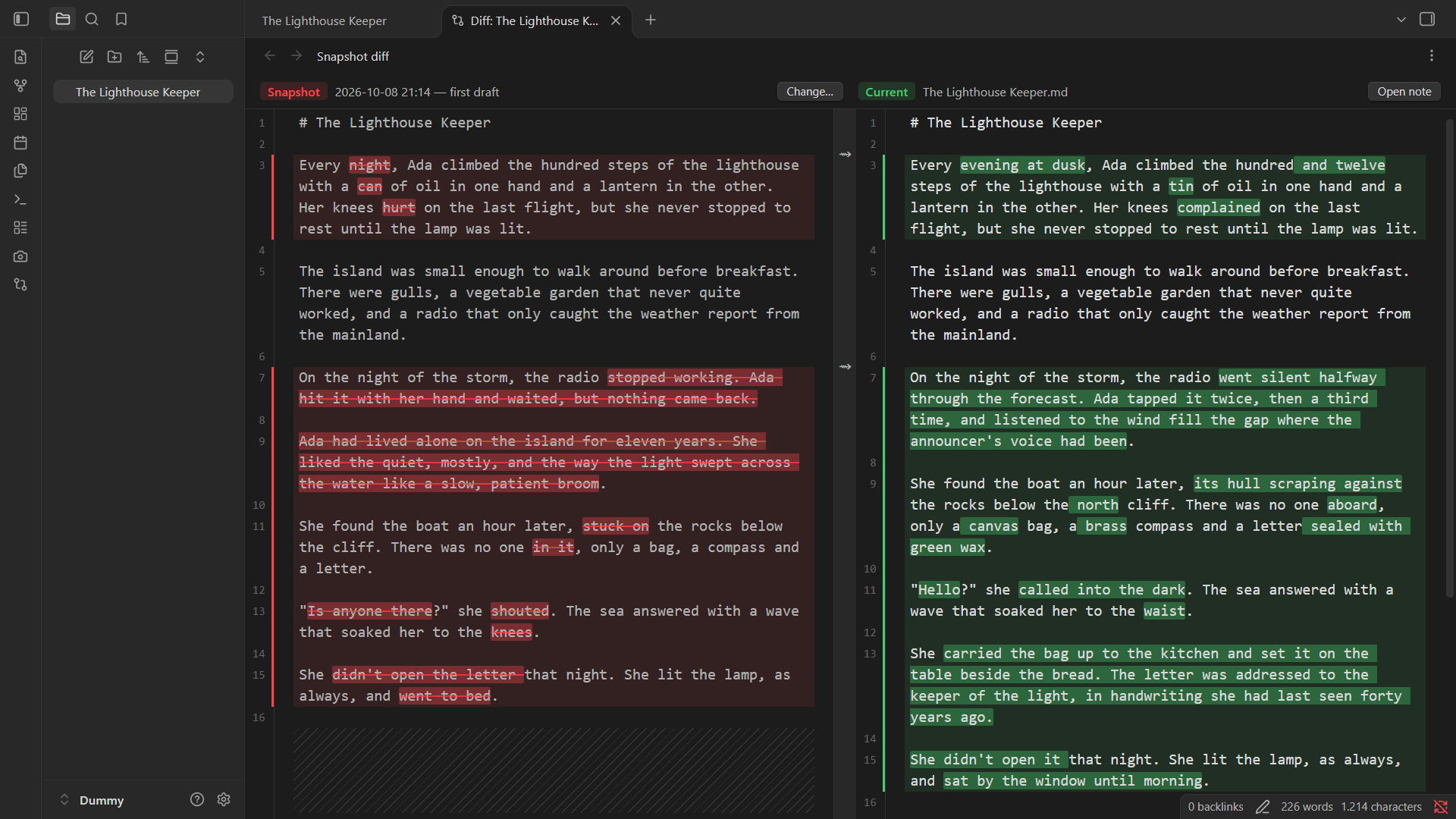 A snapshot (left) compared with the live note (right), with changed words highlighted