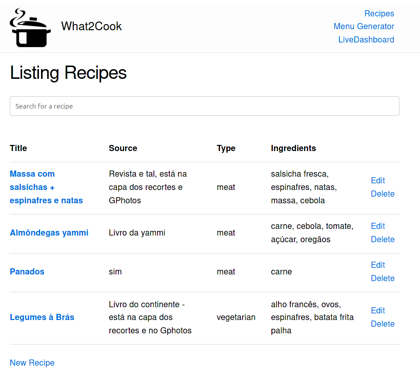 Recipe management screenshot