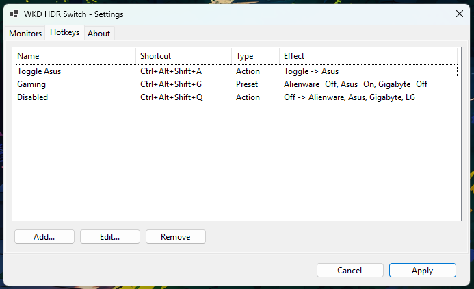 Hotkeys tab listing three example bindings