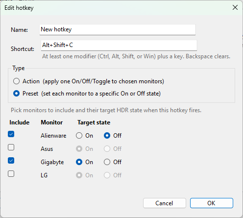 Hotkey editor in Preset mode with mixed On/Off states per monitor