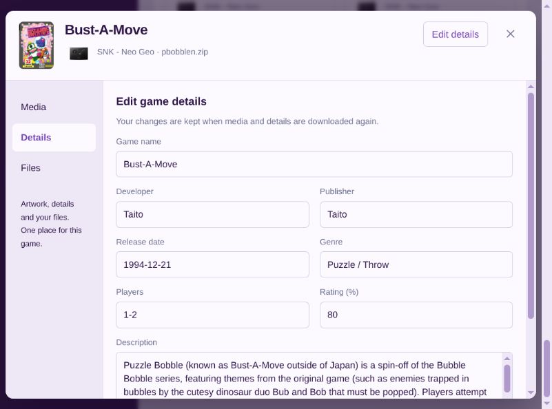 Bust-A-Move game overlay with editable game details