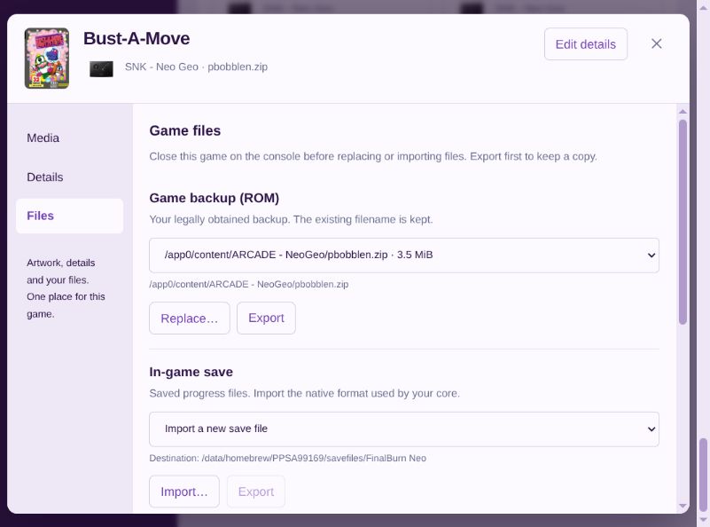 Bust-A-Move Files panel showing game backup and save controls