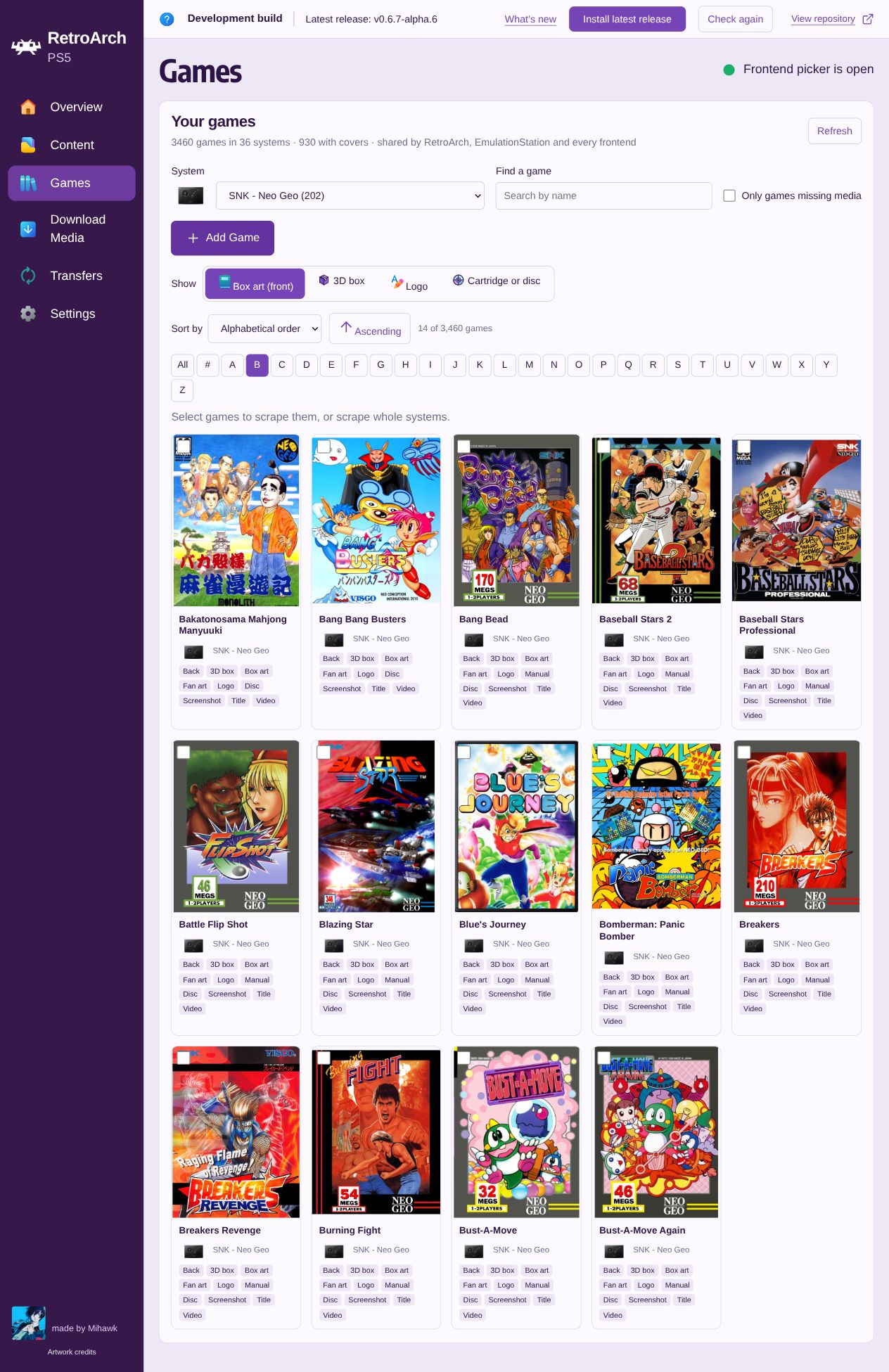 WebUI Games with SNK Neo Geo selected and the B filter active