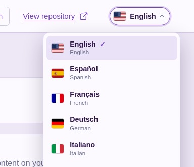 The WebUI's language picker open in the page header, each language with its flag