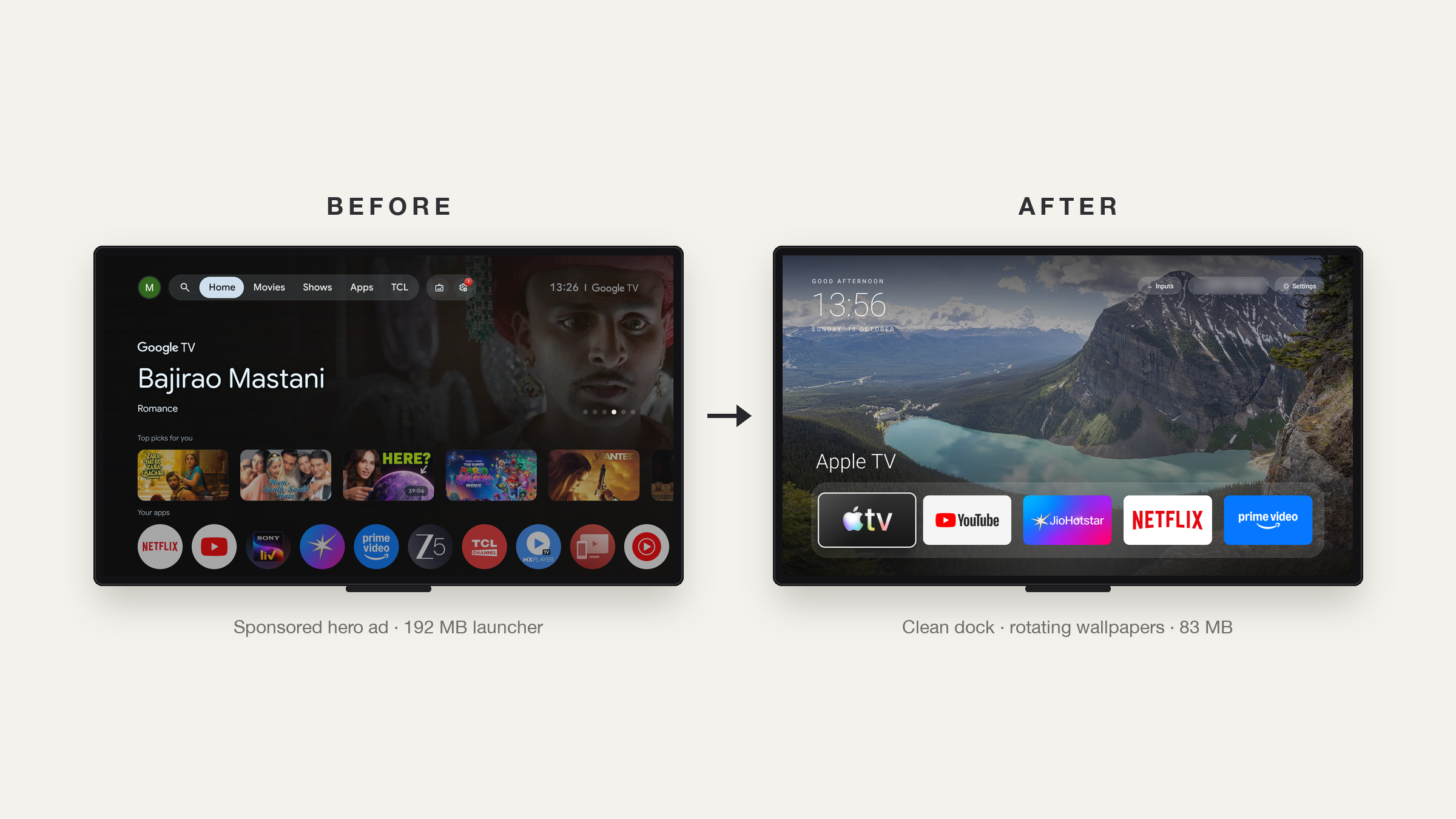 Before: Google TV home with a sponsored hero. After: clean dock over a Lake Louise wallpaper