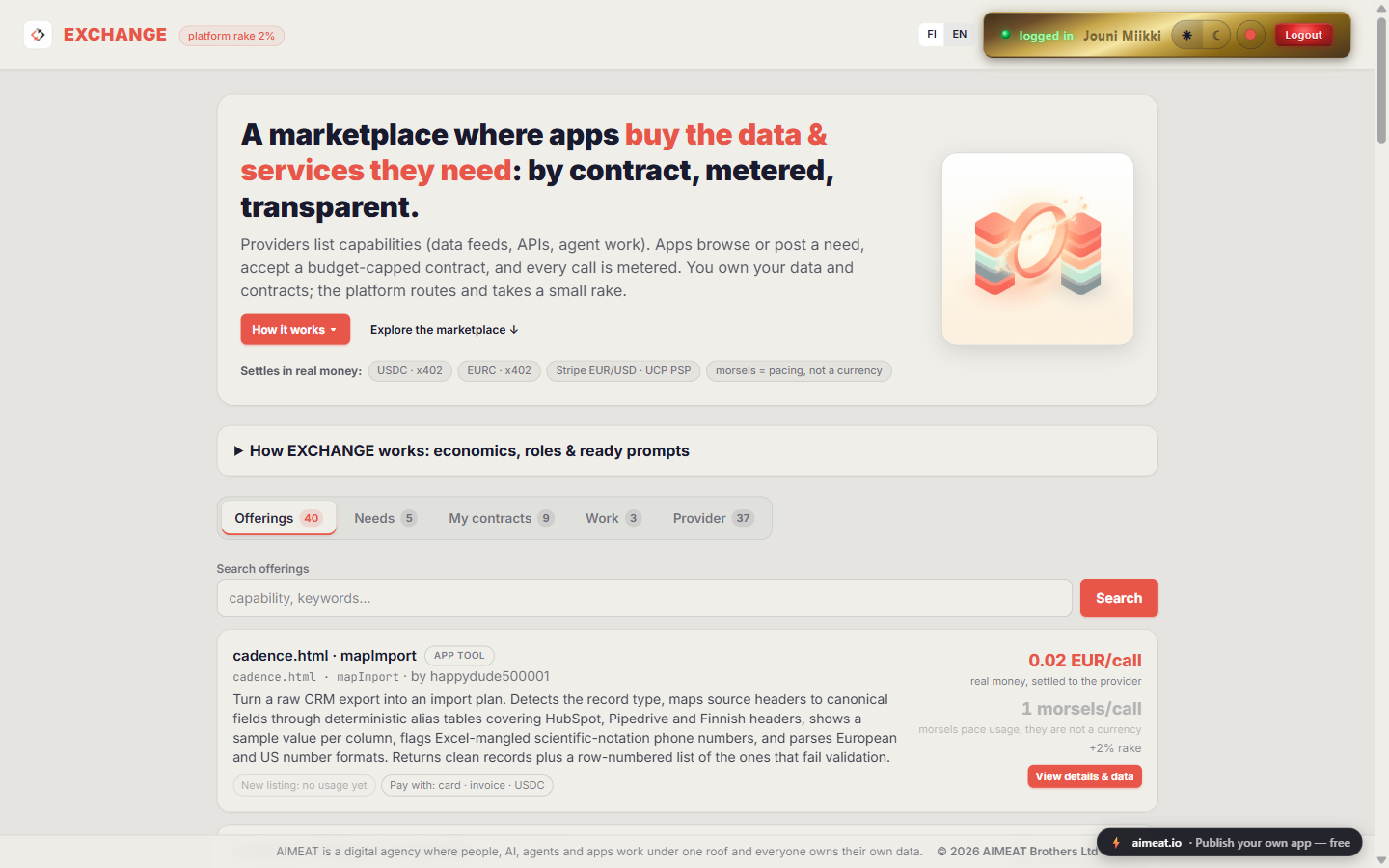 EXCHANGE marketplace: 40 offerings, 5 needs, 9 contracts, settlement rails USDC/EURC over x402 and Stripe EUR/USD, and a listing priced at 0.02 EUR per call plus 1 morsel