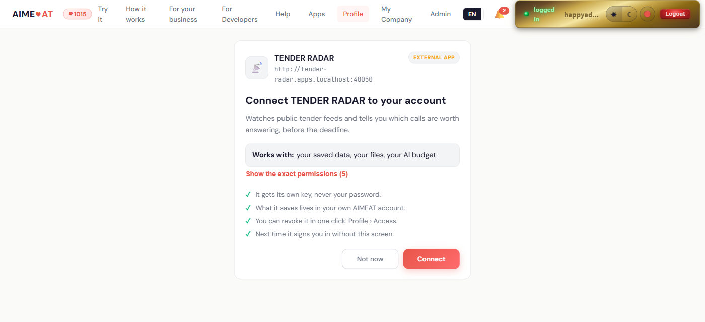 The AIMEAT consent screen: the app's icon, name and origin, what it is in one line, a summary of the areas it works with, a link to the exact permissions, and the four guarantees that come with the key