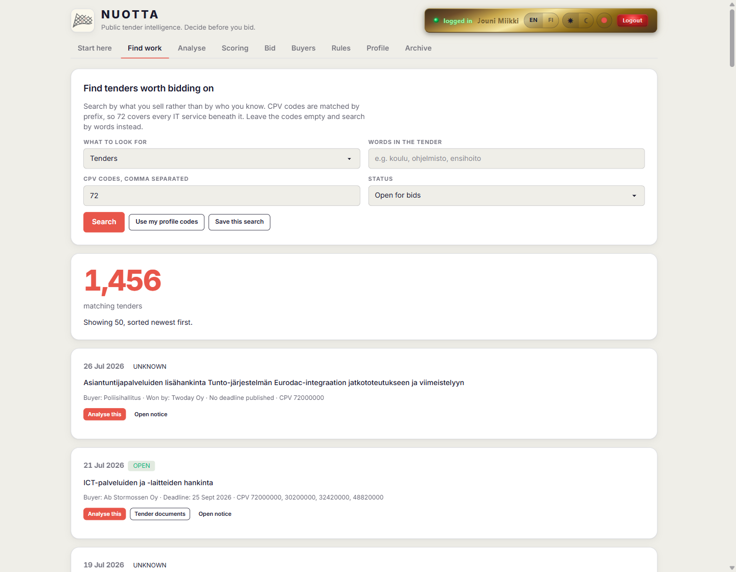 NUOTTA searching Finnish public tenders by CPV prefix 72, showing 1,456 matching tenders with buyer, deadline and CPV codes per result
