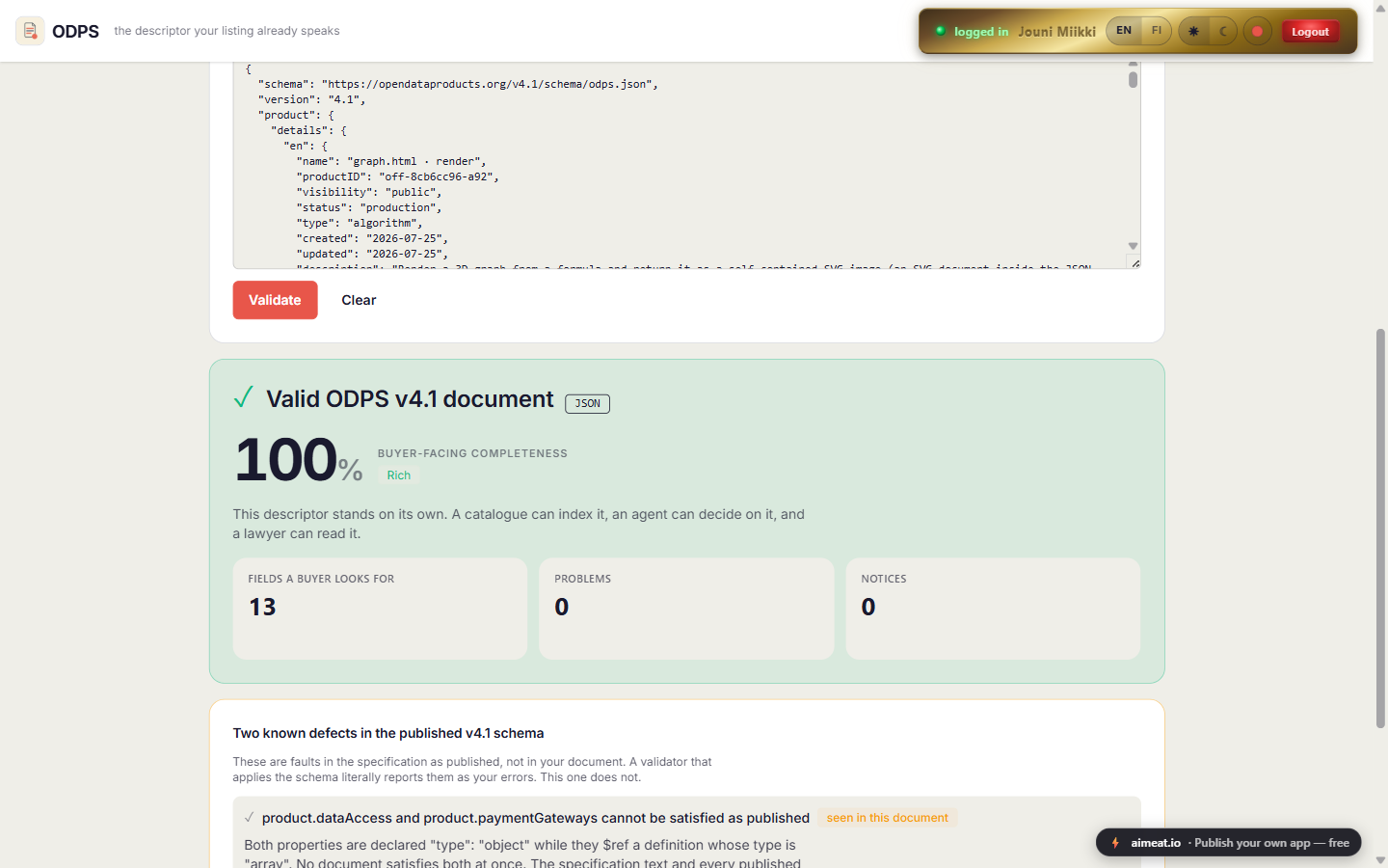 The ODPS app validating a live AIMEAT listing: valid ODPS v4.1 document, 100% buyer-facing completeness, 13 fields a buyer looks for, 0 problems, 0 notices