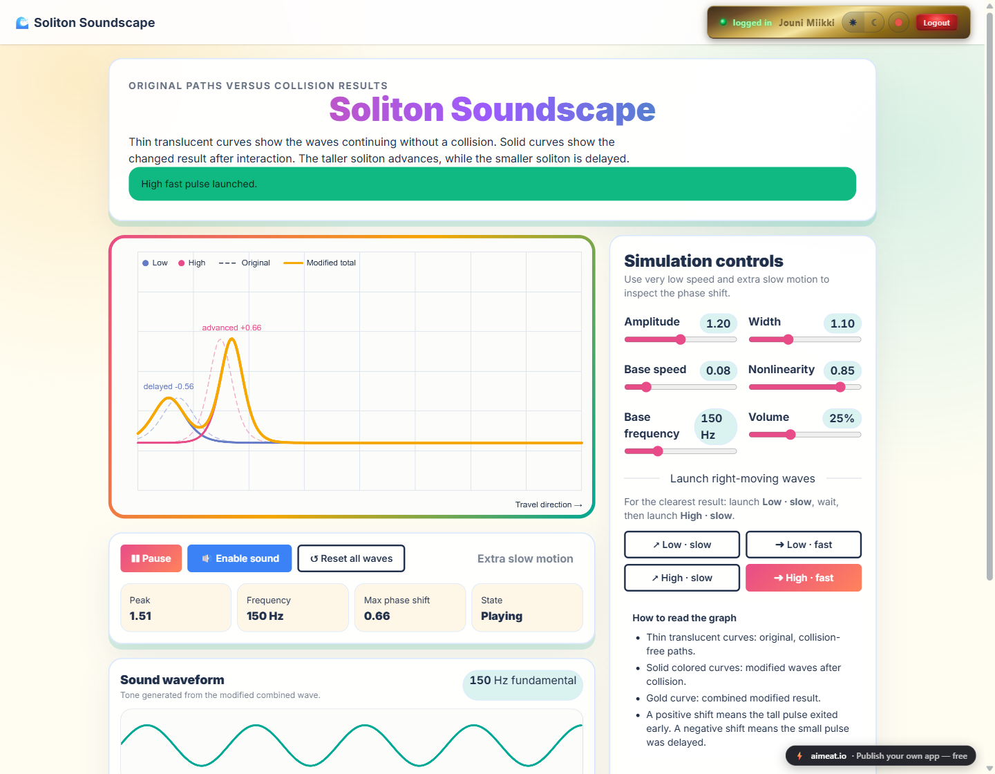 Soliton Soundscape: two colliding pulses with the phase shift annotated as advanced +0.66 and delayed -0.56, simulation controls, and the generated sound waveform